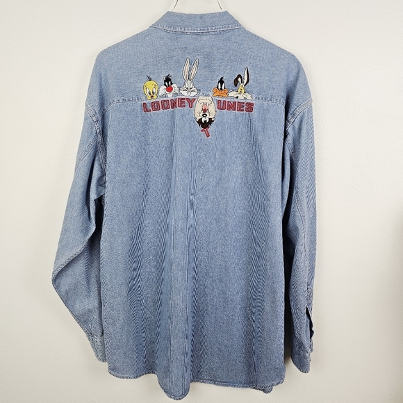 Vintage 1997 Warner Bros Studio Store Looney Tunes Embroidered Denim Shirt XL - Picture 1 of 10